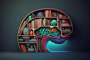 A brain-shaped bookshelf filled with colorful books and ideas. photo