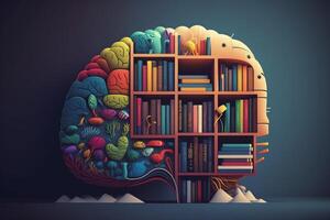 A brain-shaped bookshelf filled with colorful books and ideas. photo