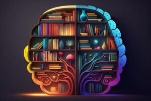 A brain-shaped bookshelf filled with colorful books and ideas. photo