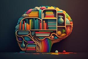 A brain-shaped bookshelf filled with colorful books and ideas. photo