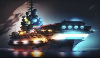 panoramic view of a generic military aircraft carrier ship with fighter jets take off during a special operation at a warzone, wide poster design with copy space area, Generate Ai photo