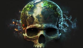 The concept of Saving the Planet. Earth Day. We there is no planet B. A filthy, carbon monoxide-addled, skull-shaped planet earth. AI Generation photo