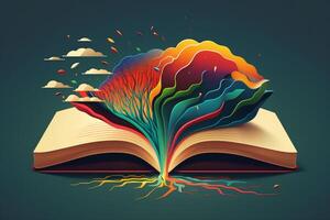 A colorful illustration of an open book with a stylized brain emerging from its pages. photo