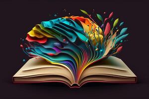 A colorful illustration of an open book with a stylized brain emerging from its pages. photo