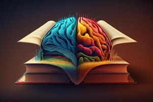 A colorful illustration of an open book with a stylized brain emerging from its pages. photo