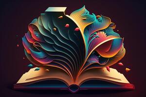 A colorful illustration of an open book with a stylized brain emerging from its pages. photo