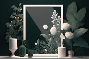 Modern home interior with design wooden commode, mock up poster map, feather in vase, accessories in stylish home decor Template. photo