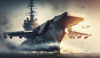 panoramic view of a generic military aircraft carrier ship with fighter jets take off during a special operation at a warzone, wide poster design with copy space area, Generate Ai photo