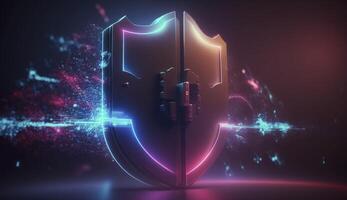 Concept of cyber security designed as lock on defensive shield. Postproducted illustration. photo