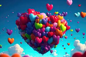 Colorful heart shape balloon with blue sky. Valentine's day background with heart shaped balloons. . photo