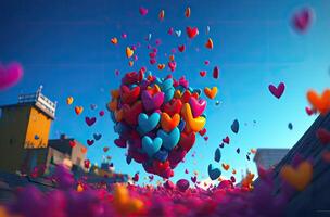 Colorful heart shape balloon with blue sky. Valentine's day background with heart shaped balloons. . photo