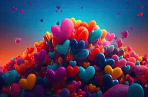 Colorful heart shape balloon with blue sky. Valentine's day background with heart shaped balloons. . photo