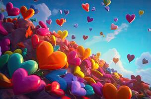 Colorful heart shape balloon with blue sky. Valentine's day background with heart shaped balloons. . photo