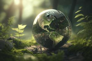 World environment and earth day concept with glass globe and eco friendly environment,  world earth day poster, banner, card,  APRIL 22, Saving the planet, environment,  Planet Earth, Generate Ai photo