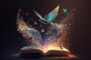 a fantastic open book, where colorful magical creatures are flying out of the pages and into the air. photo