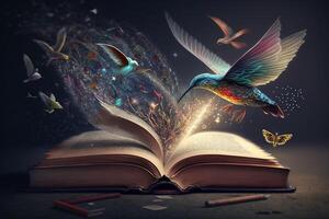 a fantastic open book, where colorful magical creatures are flying out of the pages and into the air. photo