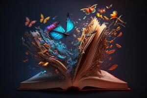 a fantastic open book, where colorful magical creatures are flying out of the pages and into the air. photo