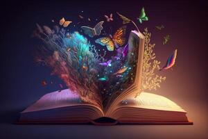 a fantastic open book, where colorful magical creatures are flying out of the pages and into the air. photo