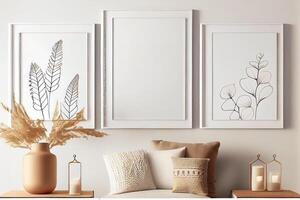 minimalist boho cozy mockup, blank empty white frames . photo