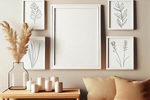 minimalist boho cozy mockup, blank empty white frames . AI Generated photo