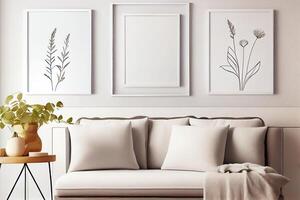 minimalist boho cozy mockup, blank empty white frames . photo