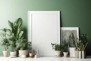 Modern home interior with design wooden commode, mock up poster map, feather in vase, accessories in stylish home decor Template. photo