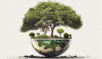 Planet earth with green tree on white background,  world earth day poster, banner, card,  APRIL 22, Saving the planet, environment,  Planet Earth, Generate Ai photo