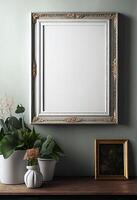 mockup for a blank white painting with a thin square frame on the wall, decorated in a vintage style next to the painting . photo