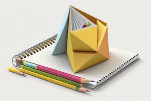 3D Notebook with pencil, ruler and triangular. School tools. Stationery for education and office. Supply for mathematics and geometry. Cartoon creative design icon isolated on white. 3D Rendering photo