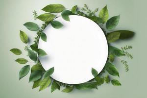 Empty white summer and spring nature background with fresh green leaves and circle frame, generate ai photo