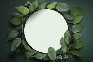 vacío blanco verano y primavera naturaleza antecedentes con Fresco verde hojas y circulo marco, generar ai foto