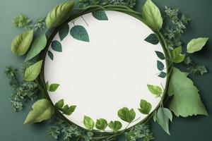 Empty white summer and spring nature background with fresh green leaves and circle frame, generate ai photo