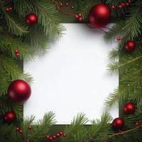 Fir tree branches with red christmas balls frame stock photo Christmas, generate ai