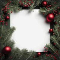 Fir tree branches with red christmas balls frame stock photo Christmas, generate ai