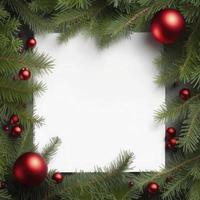 Fir tree branches with red christmas balls frame stock photo Christmas, generate ai