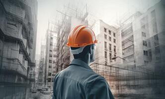 construcción concepto. a espalda de el construcción trabajador cabeza cuales es vistiendo el la seguridad casco y comprobación trabajo a el construcción sitio. inexistente persona. generativo ai foto