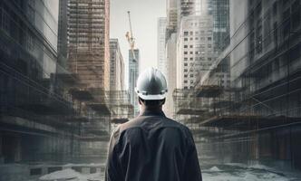 construcción concepto. a espalda de el construcción trabajador cabeza cuales es vistiendo el la seguridad casco y comprobación trabajo a el construcción sitio. inexistente persona. generativo ai foto