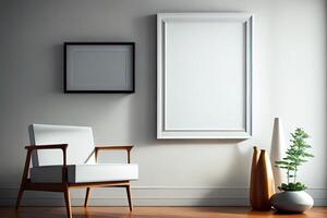 Empty frame on wall mockup in modern room with natural light . photo