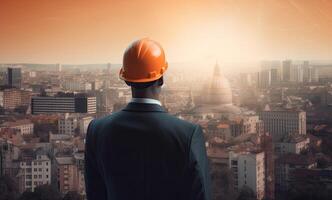 Construction concept. at back of the construction worker head which is wearing the safety helmet and checking work at the construction site. Non-existent person. photo