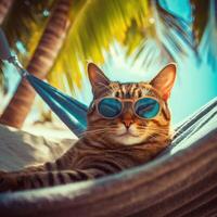 cute cat lying in hammock on beach with palm trees. Cute cat on vacation lying in hammock on beach with palm trees. . photo