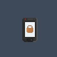 black smartphone with shopping bag sign in pixel art style vector