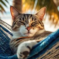 cute cat lying in hammock on beach with palm trees. Cute cat on vacation lying in hammock on beach with palm trees. . photo