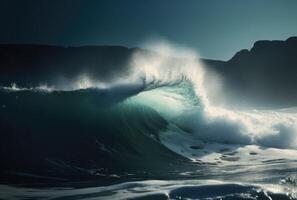 hermosa profundo azul tubo ola en el océano. cerca arriba mar ola antecedentes. verano fiesta concepto. generativo ai foto