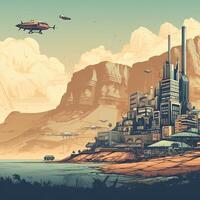 Illustration of Exoplanet fantastic landscape. Beautiful views of the mountains and sky with unexplored planets. . photo
