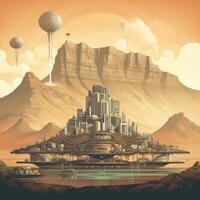 Illustration of Exoplanet fantastic landscape. Beautiful views of the mountains and sky with unexplored planets. . photo