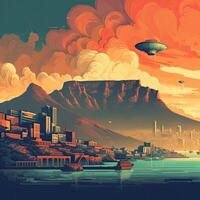 Illustration of Exoplanet fantastic landscape. Beautiful views of the mountains and sky with unexplored planets. . photo
