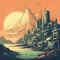 Illustration of Exoplanet fantastic landscape. Beautiful views of the mountains and sky with unexplored planets. . photo