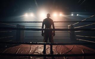 Boxing champion standing on arena. Rear view of shirtless man in boxing gloves. Muscular build concept. . photo