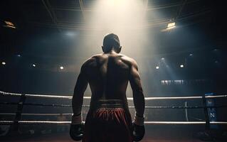 Boxing champion standing on arena. Rear view of shirtless man in boxing gloves. Muscular build concept. . photo