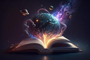 un surrealista escena de un libro flotante en espacio con un en forma de cerebro planeta en el fondo, rodeado por disparo estrellas y un galaxia. ai generado foto